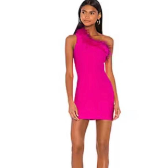 superdown Dresses & Skirts - superdown Angelia Asymmetrical Feather Dress in Fuchsia